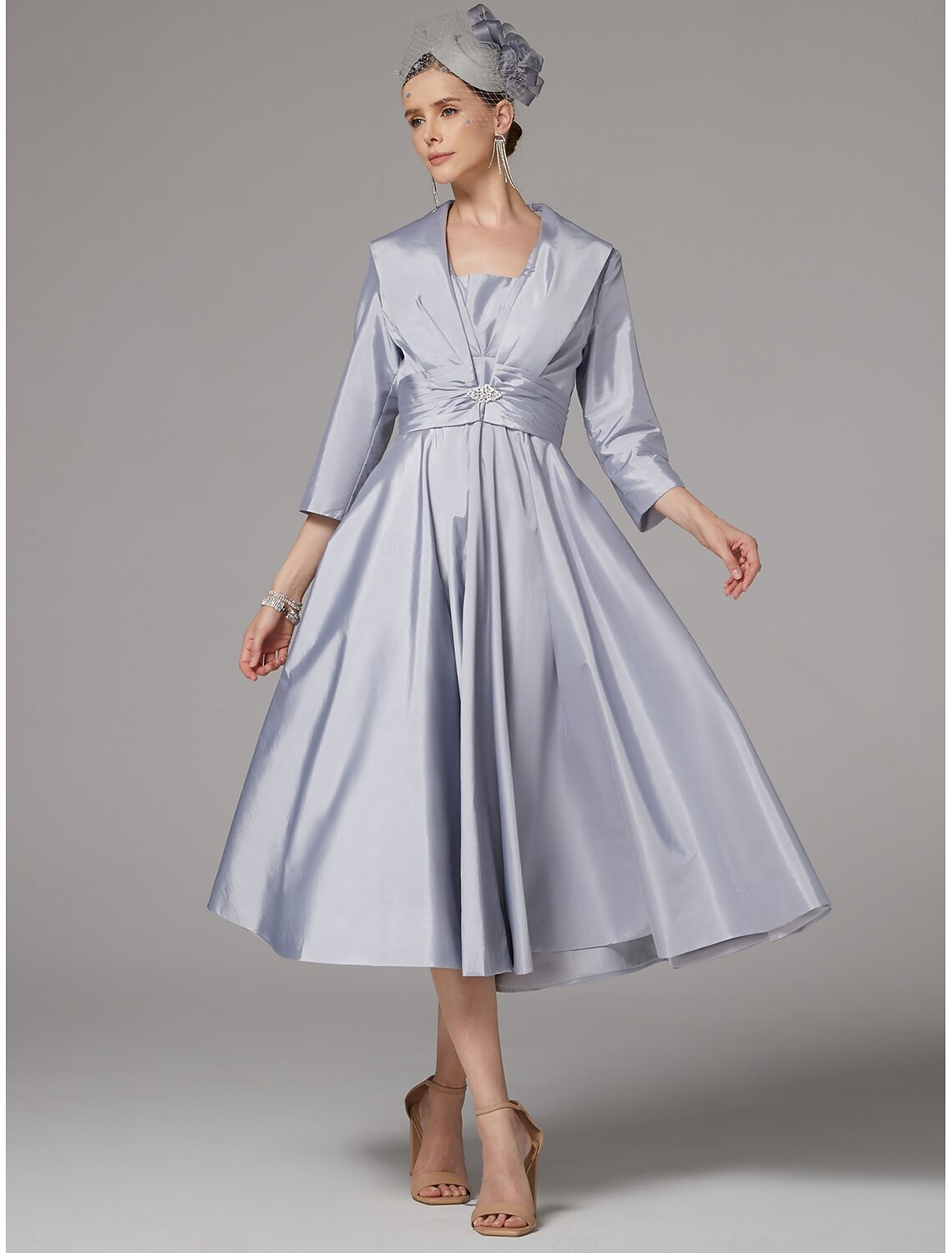 Buyishang A-Line Dress Suit Mother of the Bride Dress Elegant Vintage Plus Size Square Neck Tea Length Polyester 3/4 Length Sleeve Jacket Dresses with Ruching